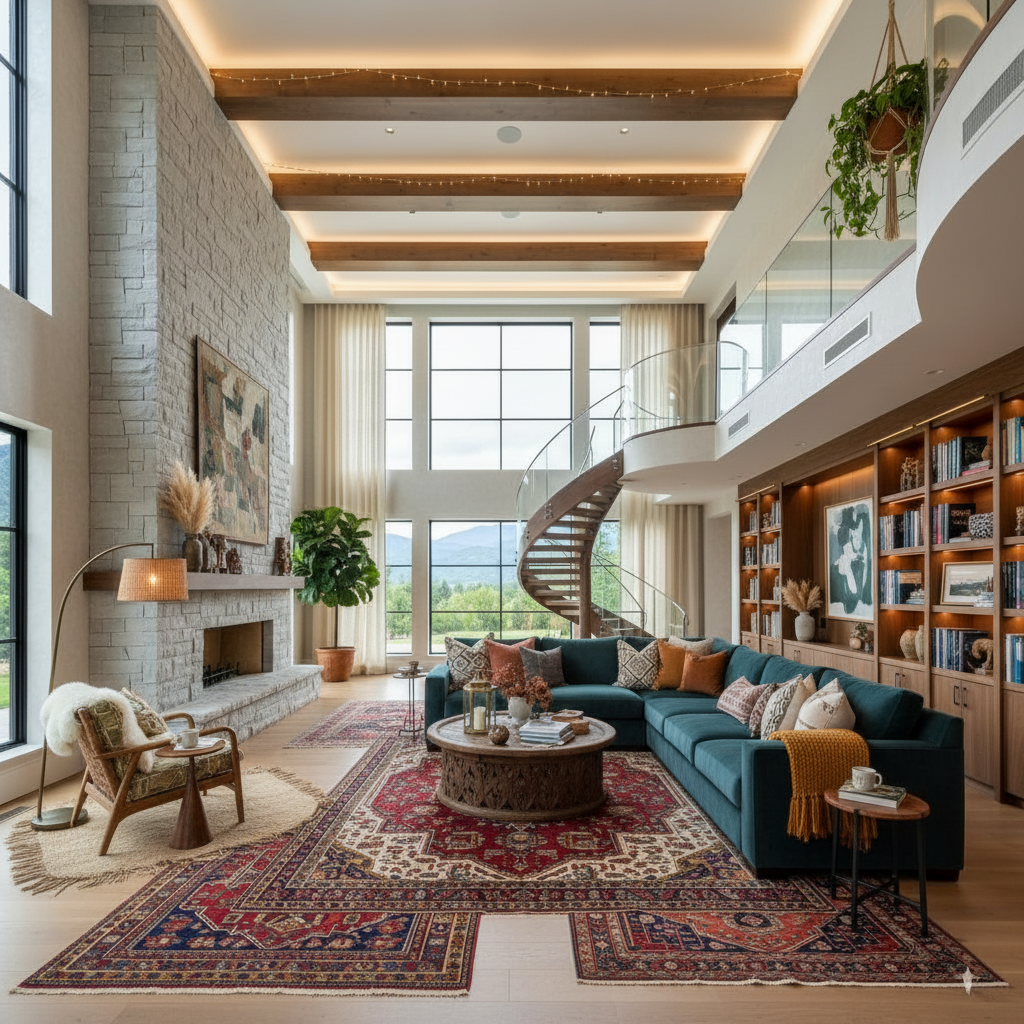 Bohemian staging theme example - professionally staged room with eclectic patterns and textures