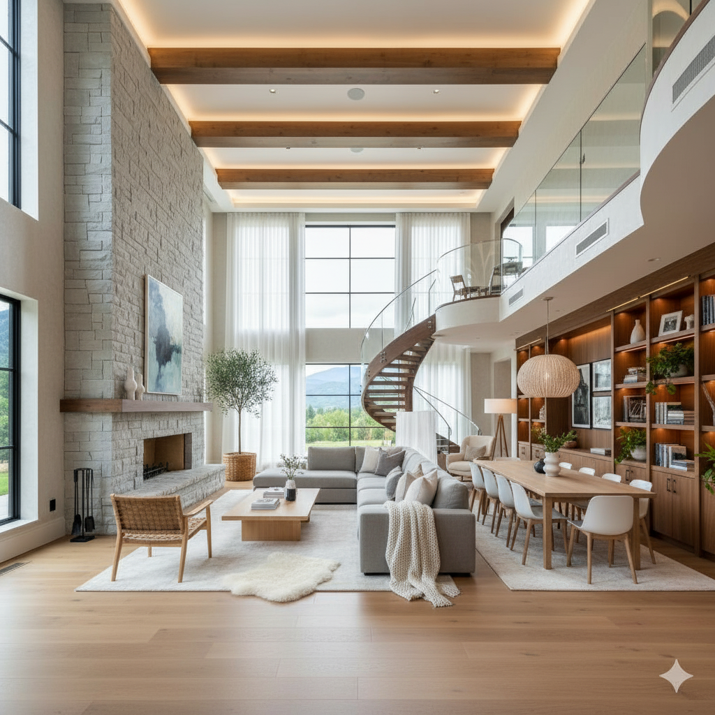 Scandinavian staging theme example - professionally staged room with light woods and cozy textiles